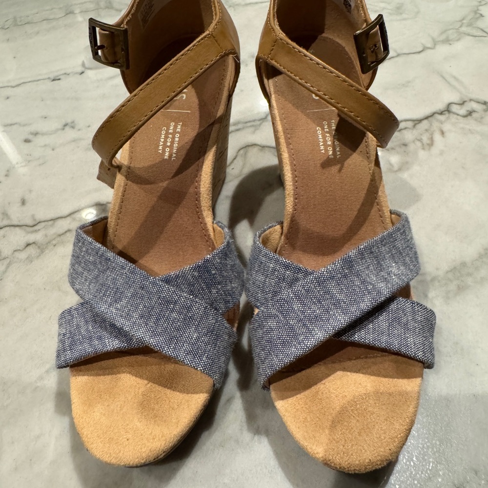 Toms Tan and Blue Wedges